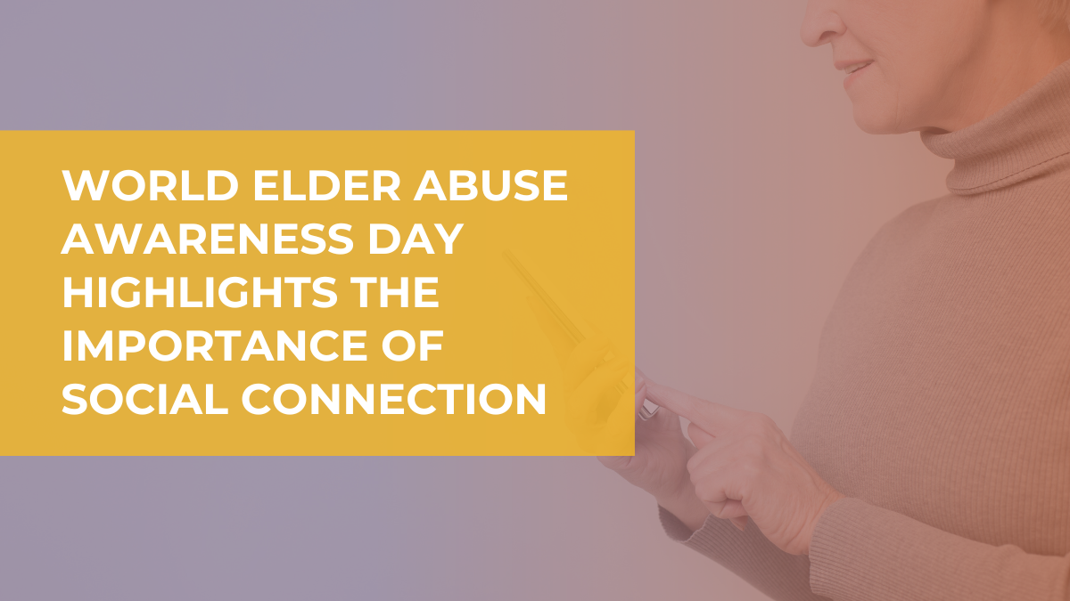 Opaque image with a purple to orange gradient over the photo of an older adult holding a phone.